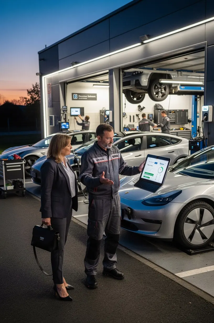Fachkraft erklärt einem Kunden die optimalen Ladegewohnheiten für sein Elektroauto.